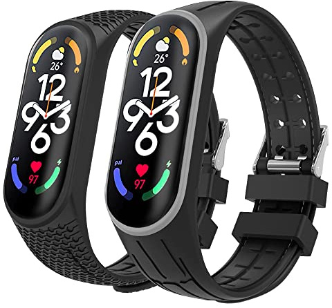 MoKo 2 Pack Correas Compatible con Xiaomi Mi Band 7/Smart Band 7, Pulsera Deportiva de Repuesto de Silicona Suave para Mujer Hombre, Gris + Negro