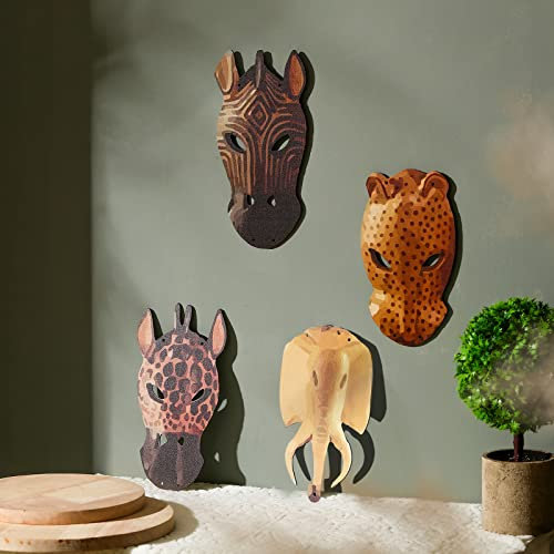 Weysat 4 Pcs African Masks Wall Decor Safari Masks Wall Decor Jungle Plaque Animal Plaque Art Set for Bedroom Bathroom and Theme Party, Not 3D