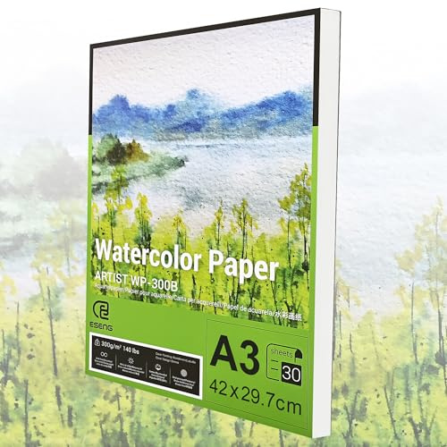 ESENG® Papel de acuarela premium DIN A3, 100% algodón, 30 hojas, 300 g/m², blanco, bloc de acuarela, papel para acuarela, dibujo, pintura