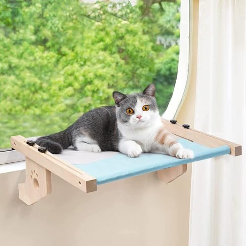 Katzenfenstersitz, Katzenbett Hängematte Holz Verstellbare Sitzstange für Katzenfenster Abnehmbares Waschbares Weiches Pad Hält bis zu 40lbs