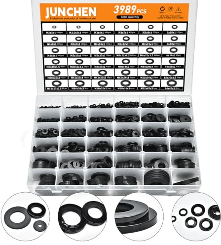 3989pcs Large Black Flat Washers Spacers Kit,36 Sizes M2-M24 Nylon Flat Washers for Screws Assortment Kit for Interior Decoration and Electrical Maintenance,O Ring Outdoor Faucet Repair,Fender Washer