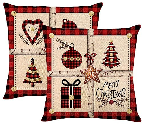 LTDKAEN Juego de 2 fundas de cojín a cuadros rojos de 45 x 45 cm, fundas de almohada decorativas de lino para sofá o dormitorio