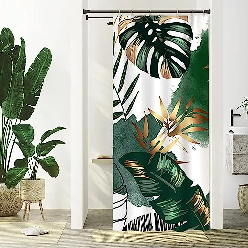Uiiooazy Duschvorhang Grün, Duschvorhang Schmal 90x180cm Dschungel Tropisch Palmenblätter Klein Duschvorhänge Anti Schimmel Stoff Waschbar Wasserdicht Polyester Bad Vorhang mit 6 Haken für Badezimmer