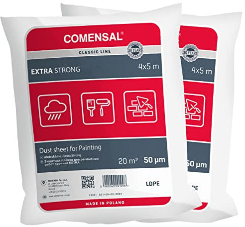 COMENSAL® Set 2 teilig Malerabdeckfolie Extra Strong 50 µm - Staubschutzfolie - Abdeckplane für Malerarbeiten - Extra Stark - Extrem Reißfest - Made in EU - 4x5m