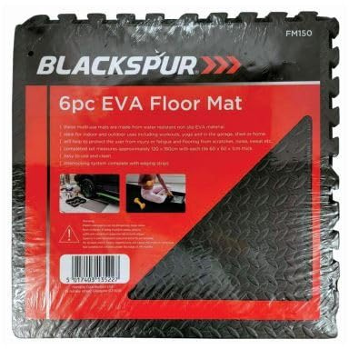 6pc Black 60cm x 60cm EVA Gym Floor Mat Set - Thick Heavy-Duty Interlocking Home Garage Pool Exercise Foam Rubber Flooring Tiles - By Blackspur