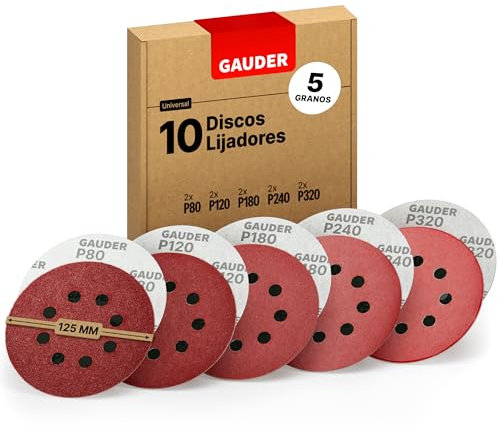 GAUDER Set di Dischi Abrasivi per Levigatrice Orbitale Ø 125mm - Carta Vetrata a Strappo - 8 Fori Dischi Tondi - Tamponi Abrasivi (10 Pezzi - 2x Ciascuno Grana 80/120/180/240/320)