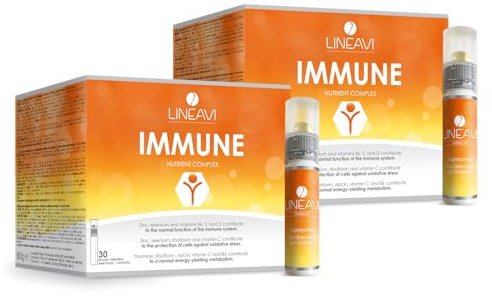 LINEAVI Immun, mit Vitaminen, Mineralstoffen und Omega-3-Fettsäuren, unterstützt das Immunsystem und den Energiestoffwechsel, in Deutschland hergestellt, 2x30 Trinkflaschen + Kapseln