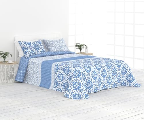Liniva Home Colcha Fina Reversible de Verano y Primavera. Colcha con Funda DE COJÍN. Cubrecama Elegante de Microfibra Extra Suave. (Damasco - Azul - Cama 150 cm)