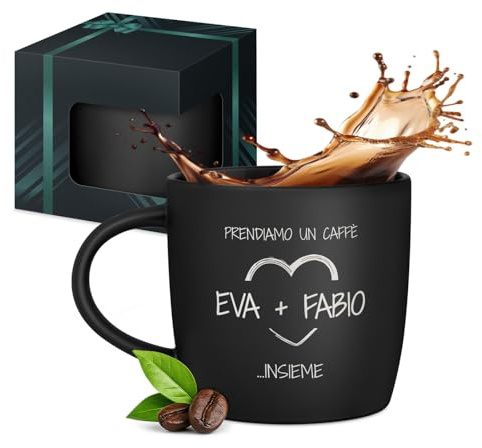 Maverton Tazza da caffelatte o tè in ceramica, 400 ml, Incisione | Personalizzata, Tazze da colazione per bevande per anniversario, Bicchiere con manico per una coppia, Interno nero, insieme