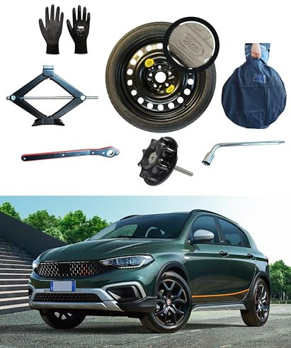 Kit Roue de secours 16 compatible avec Fiat Tipo avec Cric, Clé, Vis, Gants et Sac 125/80R16