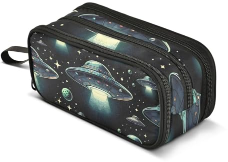 Trousse à crayons avec soucoupe volante dans le cosmos foncé, grande capacité pour garçons et filles, trousse à crayons à 3 compartiments pour étudiants, papeterie, marqueur pour l'école, le bureau,