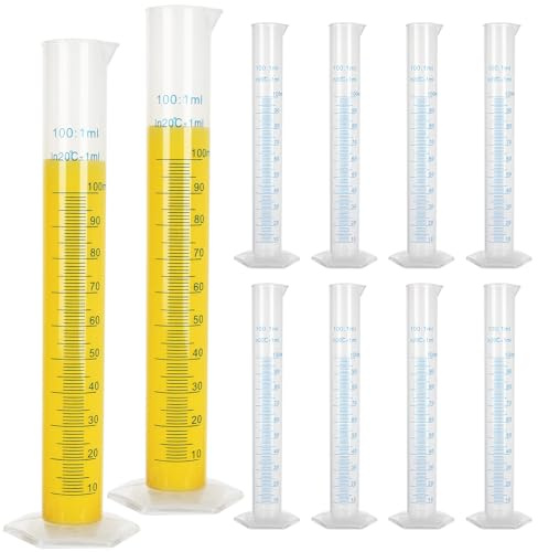 10Pack 100ml Plastic Graduated Cylinder, Transparent Measuring Cylinder Lab Test Tube Flask, 2 Sided Measuring Lines Graduated Cylinder Beaker for Science Lab Project, Pour Spout & Hexagonal Base