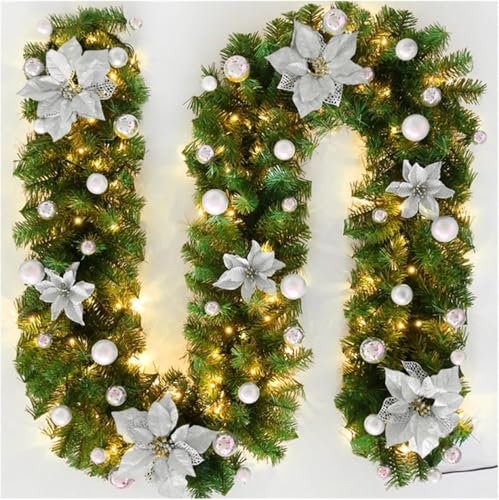270cm weihnachtsgirlande aussen mit Beleuchtung Weihnachtsdekoration Weihnachtsgirlande beleuchtet LED-Schnur beleuchtet Weihnachtstürdekor Weihnachtsgirlande Tannengirlande Lichterkette (silbrig)