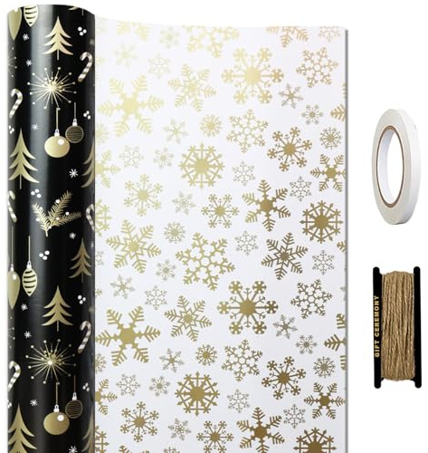 FullJoyHut 43cm x 15M Rouleaux de Papier Cadeau de Noël Noir, Or et Blanc Réversible - Flocons de Neige Recyclables avec Corde et Ruban pour l'Emballage des Cadeaux de Noël