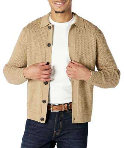 Amazon Essentials Men's Relaxed-Fit Collared Cardigan Sweater, Camel Heather, Medium