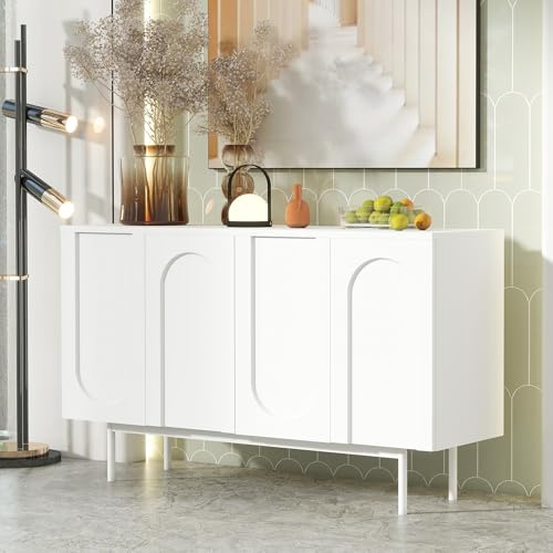 LERFAN Buffet moderne minimaliste avec 4 portes en forme d'arc, pour salle à manger et salon, 140 x 42 x 80 cm (l x P x H) - Blanc