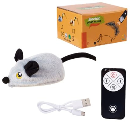 Ailan Schwanz Katzenspielzeug Fernbedienung Interaktives Plüsch Maus für Katzen, Grau, Modell mit Fernbedienung