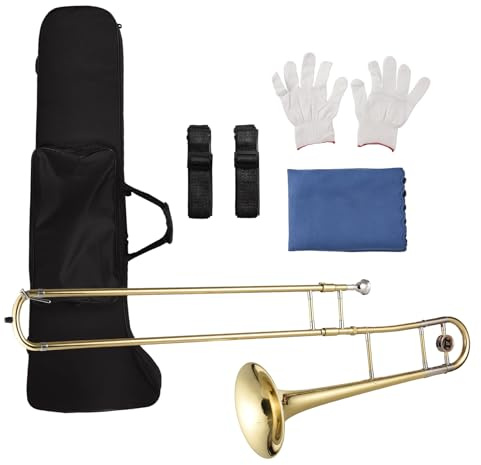 Btuty Trombón tenor Bb para principiantes, estudiantes, instrumento de trombón chapado en latón, trombón tenor con funda de transporte para boquilla, guantes blancos, paño de limpieza