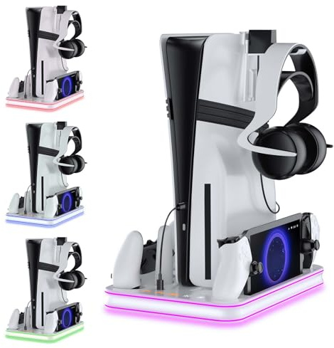 Soporte para PS5/PS5 Slim/PS5 Pro con PS Portal y Mando PS5 Estación de Carga, Abrazadera Vertical P5 con Ventilador de 3 Etapas, Base Vertical para PS5 Slim/P5/PS5 Pro Digital&Disc Edition (RGB)