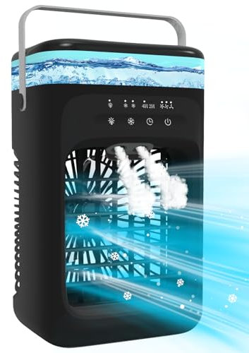 Klimaanlage Mobil, Omeyo 5-in-1 Mobiles Klimagerät, 1000 ML Mini Luftkühler mit 3 Luftgeschwindigkeiten & 2 Kühlnebel, 2-4H Timer & 7 LED,Leise Kleine Klimaanlage für Zimmer und Büro(8W),Schwarz