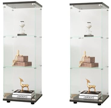 DIYHOM 2 Stück Glasvitrine Standvitrine, Modern 3 Lagen Glas Vitrinenschrank, Sammlervitrine für Sammlerstücke Bücher Wein, für Büro Wohnzimmer Küche, 125x42x36cm (Ohne Licht,Schwarz)
