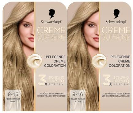 Schwarzkopf Cream Supreme Coloration 9-16 ljus kall blond (2 x 182 ml), permanent hårfärg med serum och hårmask skyddar mot synliga hårskador, för 100 % täckning av grått hår