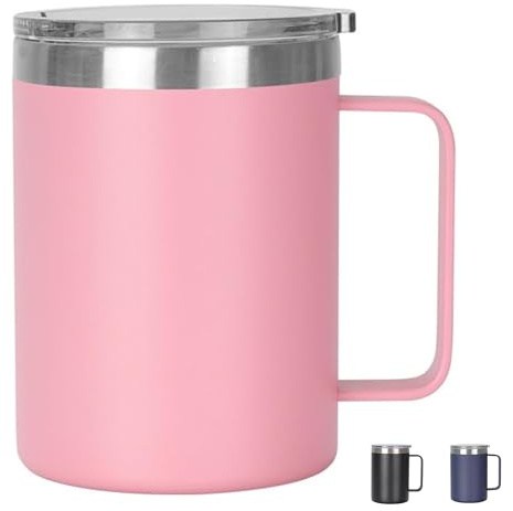 Thermal Mug, Insulated Coffee Mug with Handle and Sliding & Straw Lid, Leakproof Reusable Double Walled Vacuum Stainless Steel Travel Camping Cafe Tumbler Cup,Dishwasher Safe (Pink, 16 oz)