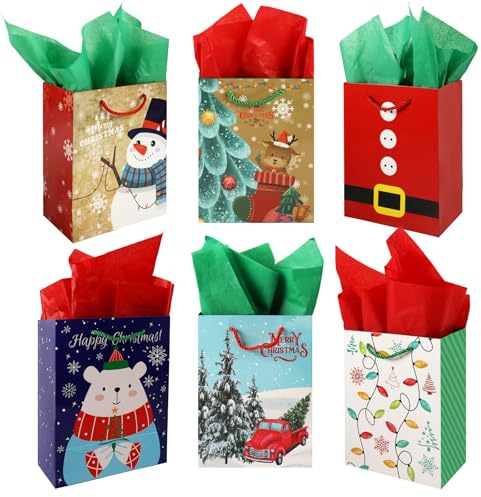 Weihnachtsgeschenktüten mit 12 Blatt Seidenpapier, 12 Stück Weihnachts-Papier-Partytüten für Süßigkeiten als Weihnachtsgeschenke.