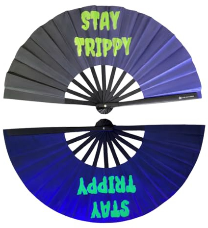 Handfächer Stay Trippy – Großer faltbarer Rave Fächer aus Bambusholz mit UV Glow – Stabiler Techno Fächer für EDM Festivals, Pride, CSD, Club, Festival Accessoires Damen & Herren, Geschenk für Raver