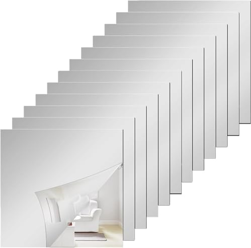 Self Adhesive Mirror Tiles, 12 Pcs Stick On Mirrors for Walls | Non-Glass PVC Acrylic Material, 15x15cm DIY Cuttable Size, Strong Foam Adhesive Pads, Lightweight Silver Finish