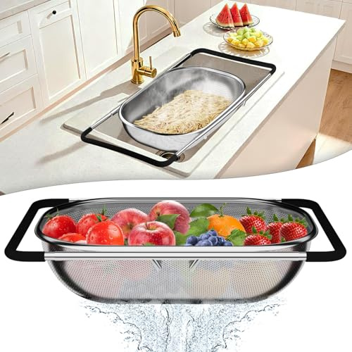 Over the Sink Colander, Expandable Strainers and Colanders with Fine Mesh, Colander for Kitchen with Rubber Grip for Draining Pasta, Vegetables and Fruits - Essential Kitchen Sink Strainer