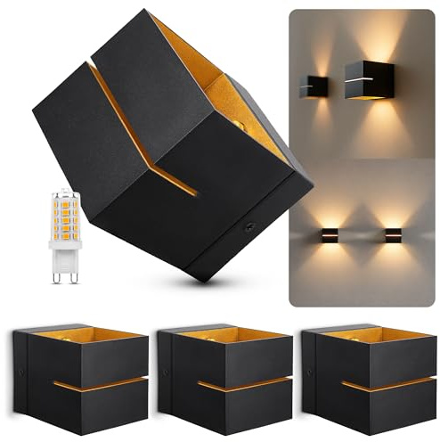 SSC-LUXon KOURA Wandleuchte 4er Set schwarz-gold eckig G9 dimmbar warmweiß | Vier Wandlampen schwarz-gold mit Lichtspalt - Up-Down-Licht dimmbar für Flur, Treppe & Wohnzimmer, inkl. G9 LED