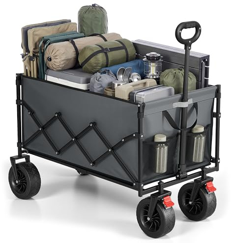 SONGMICS Hopfällbar skrinda, handvagn med handtag, trädgårdsvagn, för camping, 4 förstärkta hjul, varav 2 universalhjul, utomhus trädgård, belastbar upp till 180 kg, 200 L, duvgrå GFW201G101