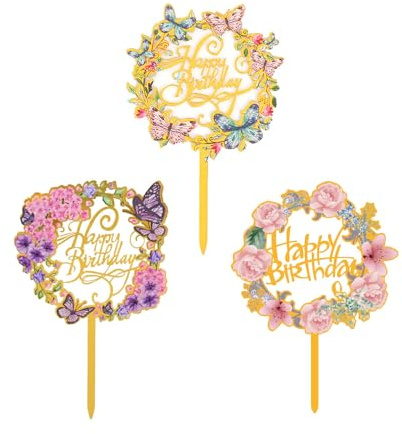 Happy Birthday Cake Topper Acrylic Floral Design – 3 Pack Gold Flower Cake Toppers for Birthday Party – Acrylic Cake Decorations for Women Kids Adults – Reusable Birthdays Topper Set