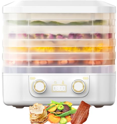Deshidratador de Alimentos 5 Bandejas para Fruta Verdura Carne, Deshidratador Eléctrico con Temperatura Ajustable 35–70°C, Temporizador 1–48H, Bandejas sin BPA, Snacks Saludables white