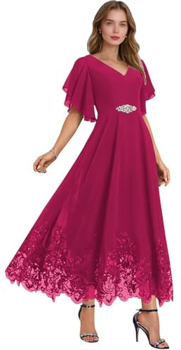 Vestido de gasa para madre de la novia con mangas de encaje y cuello en V, vestido formal de fiesta, vestido de invitada de boda