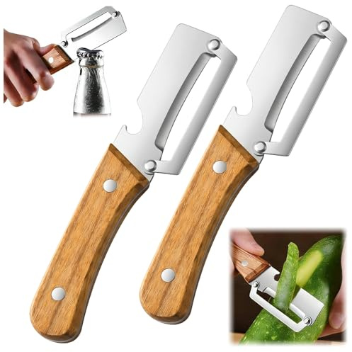 2-in-1 Stainless Steel Vegetable Peeler with Wooden Handle,Wooden Handle Vegetable Peeler with Bottle Opener for Potato, Apple, Carrot,Multifunctional Peeler for Fruit & Veggie Prep (2PCS)
