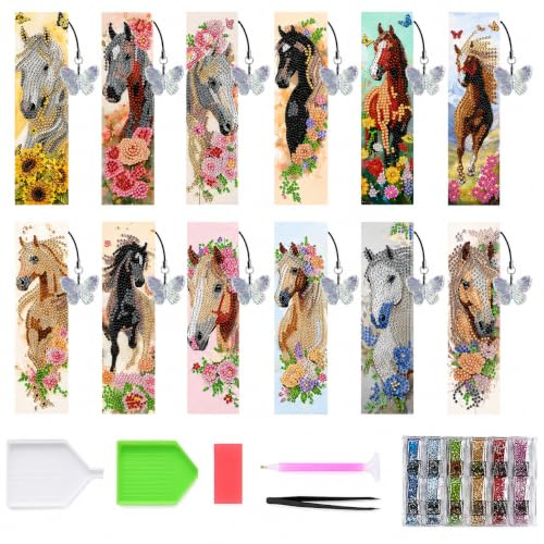 CDQZAIKEJI 12 Pezzi Set Diamond Painting, Kit Creativo Lavori Manuali con Segnalibro, Giochi Educativi, Regalo Compleanno, Lavoro Manuale DIY con Cavallo