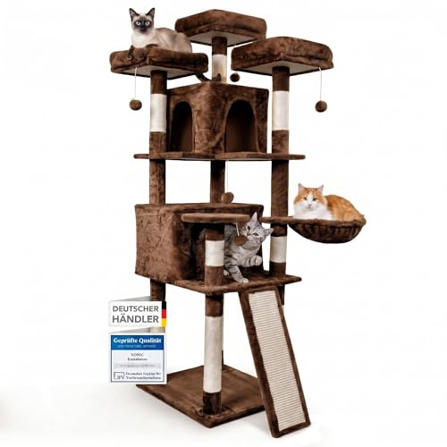 Foxdevil by xonic® Stabiler Katzenkratzbaum für Katzen [169 cm] – Katzenbaum XXL & Katzenbaum Groß mit Aussichtsplattformen, Liegemulde, Kuschelhöhlen – Kratzbaum Katzen Stabil – Cat Tree ([V2 Braun])