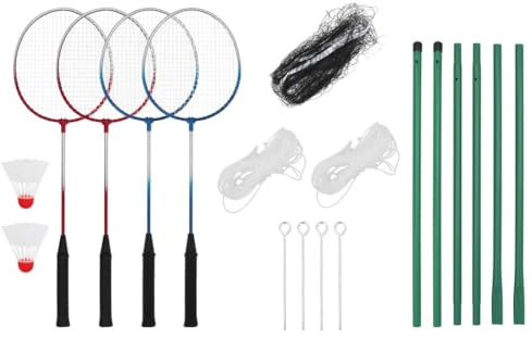 Teenpull Badminton-Set mit 4 Schlägern, Netz 620x151 cm, Metall und PE, für Outdoor Garten Strand Park Camping, inklusive Federball, ideal für Freizeit Training und Familie
