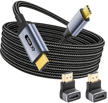 Câble USB C vers HDMI 1 m, câble USB C vers HDTV 4K @ 60 Hz avec tresse en coton, compatible Thunderbolt 3/4, avec adaptateur coudé HDMI 90° et 270° pour iPhone 15/16, MacBook, iPad, Galaxy, écran TV