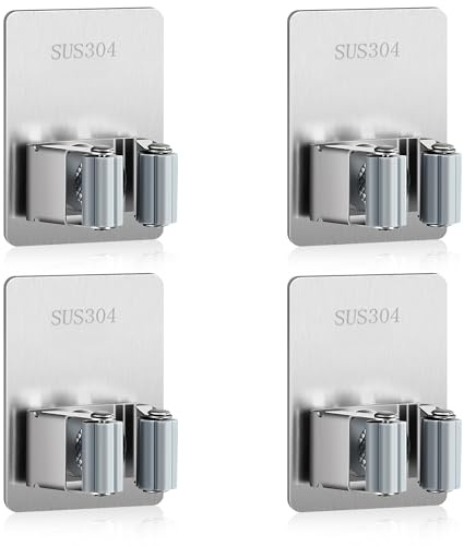 Zoriena 4 Piezas Soporte para Escobas y Fregonas, Colgador Autoadhesivo de Acero Inoxidable para Pared, Organizador Ajustable para Cocina, Baño, Garaje y Hogar, Sin Perforar, Gris