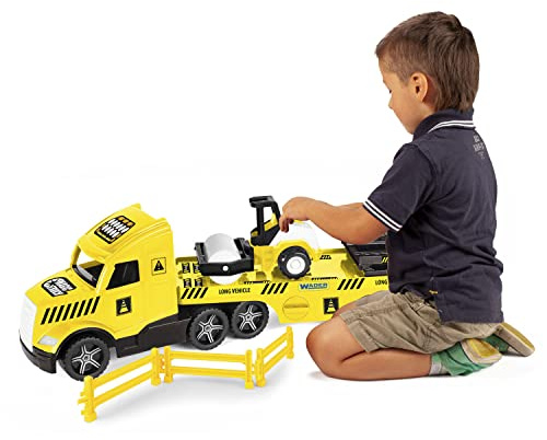 Wader 36450 - Magic Truck Tieflader mit Walze, Absperrgittern und Rampen, ab 3 Jahren, ca. 79 cm, kreatives Spielen, Gelb