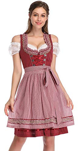 KOJOOIN Vestido de Mujer Dirndl Vestido Formal - Vestido a Media Pierna de Disfraz de Oktoberfest （3 Piezas ： Vestido, Camisa, Delantal） para Vestido De Cóctel De Fiesta