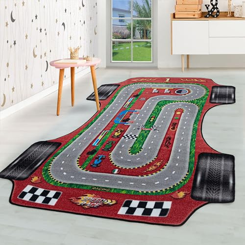 HomebyHome Kurzflor Kinderteppich für Jungen und Mädchen 160 x 230 cm Rot Grandprix Design - Waschbarer Teppich Extra Weich und Antiallergen - Teppich für Kinderzimmer, Babyzimmer und Spielzimmer