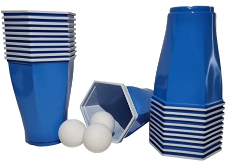 trooplex Hexagon Bierpong Becher | 22 Redcups mit 3 Bällen | 500 mL Mehrweg Plastik | american beer pong party set Red Cups 16 oz für Partys Festivals als Geschenk oder zum Vorglühen Trinkspiel (Blau)