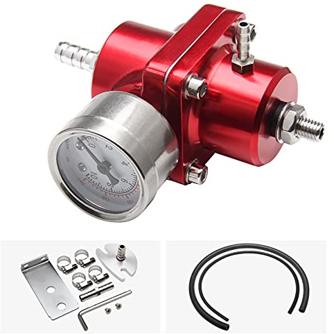 HTRACING Adjustable Fuel Pressure Regulator With Gauge Hose 0-140 PSI Universal 6AN FPR Kit Aluminum Red
