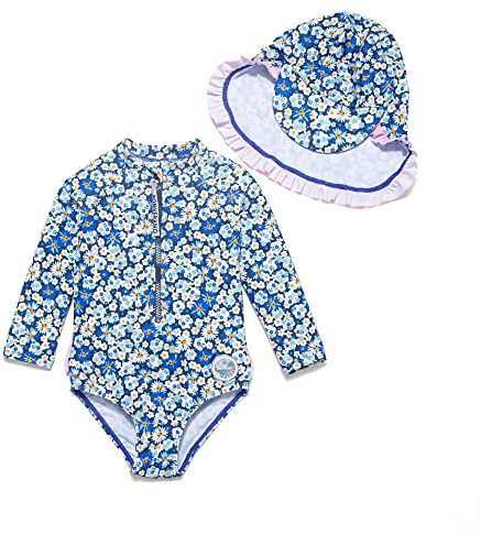 BONVERANO Maillot de Bain Une pièce à Manches Longues pour bébés Filles Protection UV 50+ avec Bonnet de Bain (Bleu-White,9-12mois…