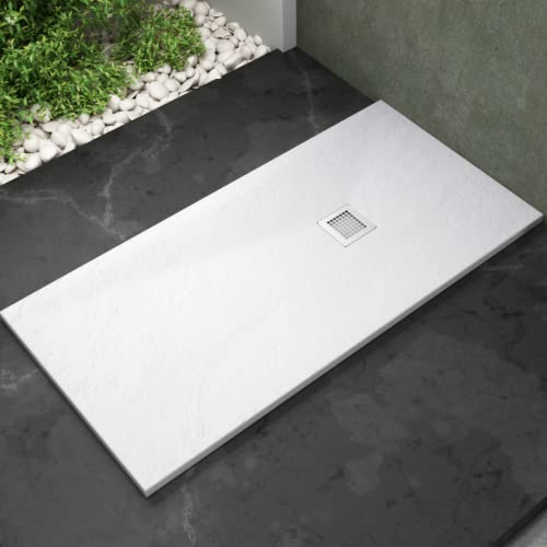 Plato de Ducha de Resina Extraplano | Plato Ducha Antideslizante en Textura Pizarra Suave en Todas las Medidas | Plato Ducha con Válvula de Desagüe y Rejilla | Blanco | 110 x 90 cm