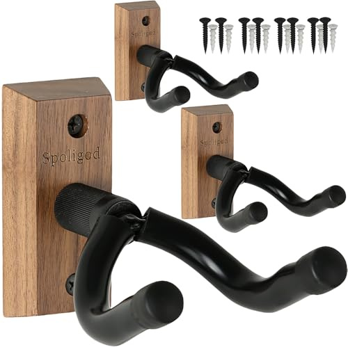 Spoligod Guitar Wall Mount Hanger 3 Pack, Guitar Hanger,Black Walnut Guitar Hook Holder Stand for Acoustic Electric Bass Guitar Ukulele Mandolin at Home, Studio